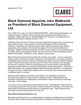 Black Diamond Appoints John Walbrecht As President of Black Diamond Equipment, Ltd