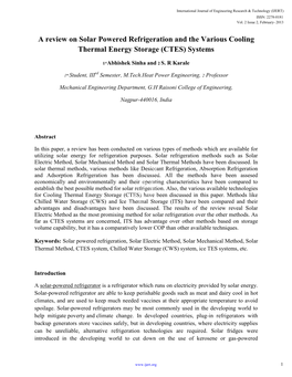 A Review on Solar Powered Refrigeration and the Various Cooling Thermal Energy Storage (CTES) Systems