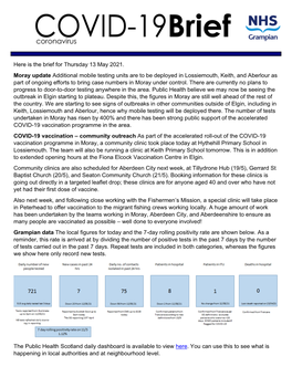 Here Is the Brief for Thursday 13 May 2021. Moray Update Additional Mobile Testing Units Are to Be Deployed in Lossiemouth, Keit