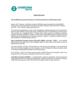 PRESS RELEASE JSC ALROSA Announces Purchase of a 25