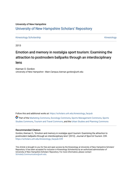 Emotion and Memory in Nostalgia Sport Tourism: Examining the Attraction to Postmodern Ballparks Through an Interdisciplinary Lens