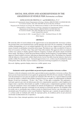 SOCIAL ISOLATION and AGGRESSIVENESS in the AMAZONIAN JUVENILE FISH Astronotus Ocellatus