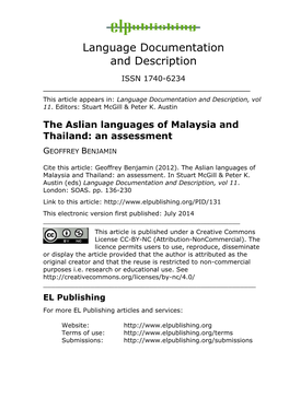 The Aslian Languages of Malaysia and Thailand: an Assessment