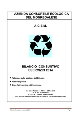 Azienda Consortile Ecologica Del Monregalese Acem Bilancio Consuntivo Esercizio 2014