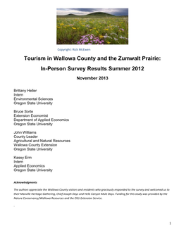 Tourism in Wallowa County and the Zumwalt Prairie: In-Person Survey Results Summer 2012