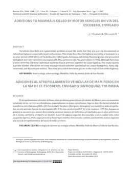 Additions to Mammals Killed by Motor Vehicles on Vía Del Escobero, Envigado