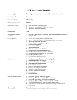 MSE 403: Ceramic Materials