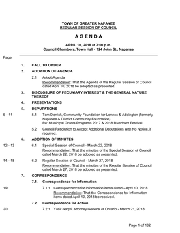 REGULAR SESSION COUNCIL - April 10, 2018 Agenda