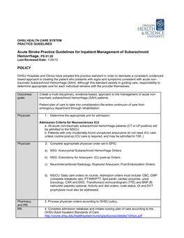 Acute Stroke Practice Guidelines for Inpatient Management of Subarachnoid Hemorrhage, PS 01.20 POLICY