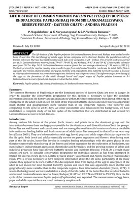 Life History of Common Mormon Papilio Polytes (Lepidoptera: Rhopalocera: Papilionidae) from Sri Lankamalleswara Reserve Forest - Eastern Ghats – Andhra Pradesh