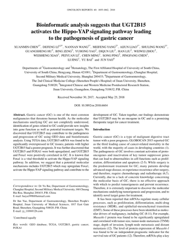 Bioinformatic Analysis Suggests That UGT2B15 Activates the Hippo‑YAP Signaling Pathway Leading to the Pathogenesis of Gastric Cancer