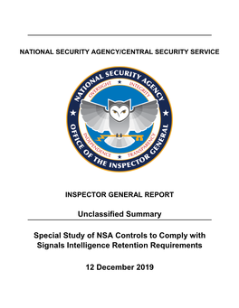 Unclassified Summary Special Study of NSA Controls to Comply With
