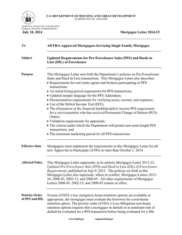 Updated Requirements for Pre-Foreclosure Sales (PFS) and Deeds in Lieu (DIL) of Foreclosure