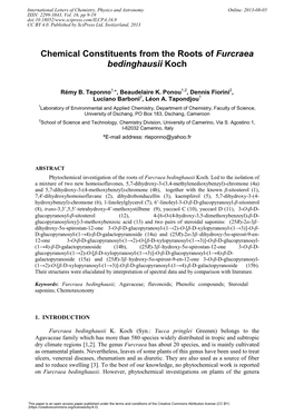 Chemical Constituents from the Roots of Furcraea Bedinghausii Koch