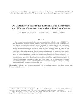 On Notions of Security for Deterministic Encryption, and Eﬃcient Constructions Without Random Oracles