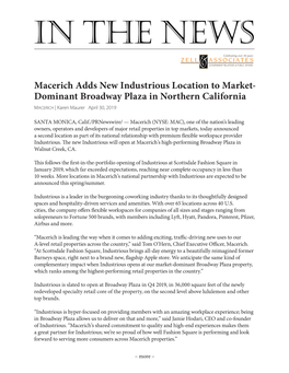 Dominant Broadway Plaza in Northern California Macerich | Karen Maurer April 30, 2019