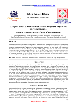 Analgesic Effects of Methanolic Extracts of Anogeissus Latifolia Wall on Swiss Albino Mice