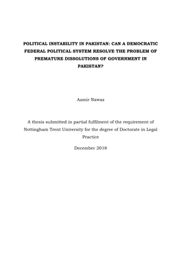Political Instability in Pakistan: Can a Democratic Federal Political System Resolve the Problem of Premature Dissolutions of Government in Pakistan?