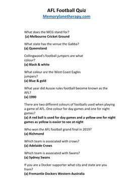 AFL Football Quiz Memorylanetherapy.Com