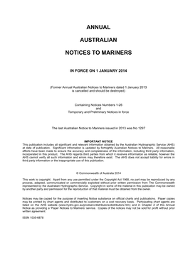Annual Australian Notices to Mariners Dated 1 January 2013 Is Cancelled and Should Be Destroyed)