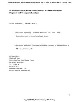 Hyperaldosteronism: How Current Concepts Are Transforming the Diagnostic and Therapeutic Paradigm