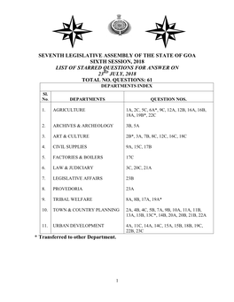 Seventh Legislative Assembly of the State of Goa Sixth Session, 2018 List of Starred Questions for Answer on 23Rd July, 2018 Total No