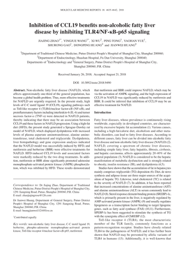 Inhibition of CCL19 Benefits Non‑Alcoholic Fatty Liver Disease by Inhibiting TLR4/NF‑Κb‑P65 Signaling