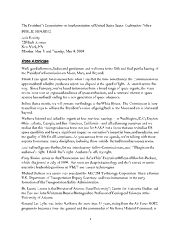 Pete Aldridge Well, Good Afternoon, Ladies and Gentlemen, and Welcome to the Fifth and Final Public Hearing of the President’S Commission on Moon, Mars, and Beyond