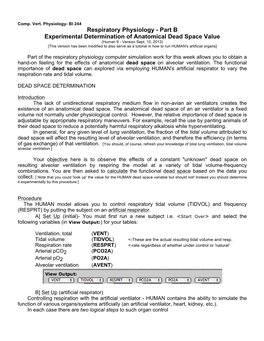 Respiratory Physiology - Part B Experimental Determination of Anatomical Dead Space Value (Human 9 - Version Sept