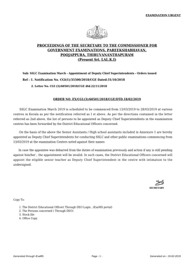 PROCEEDINGS of the SECRETARY to the COMMISSIONER for GOVERNMENT EXAMINATIONS, PAREEKSHABHAVAN, POOJAPPURA, THIRUVANANTHAPURAM (Present Sri