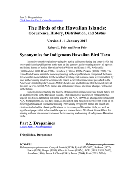 Synonymies for Indigenous Hawaiian Bird Taxa