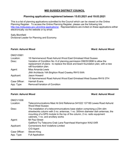 MID SUSSEX DISTRICT COUNCIL Planning Applications Registered