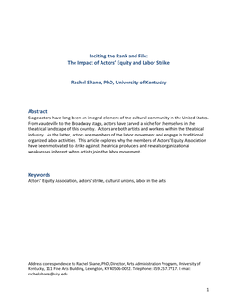 Inciting the Rank and File: the Impact of Actors' Equity and Labor Strike