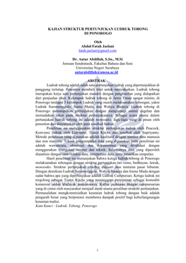 KAJIAN STRUKTUR PERTUNJUKAN LUDRUK TOBONG DI PONOROGO Oleh Abdul Fatah Jaelani Fatah.Jaelani@Gmail.Com Dr. Autar Abdillah, S.Sn