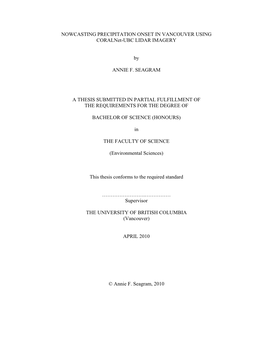 NOWCASTING PRECIPITATION ONSET in VANCOUVER USING Coralnet-UBC LIDAR IMAGERY