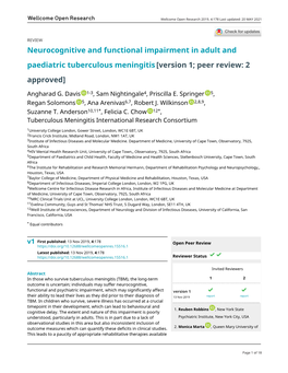 Neurocognitive and Functional Impairment in Adult and Paediatric Tuberculous Meningitis [Version 1; Peer Review: 2 Approved]