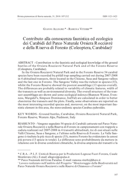 Contributo Alla Conoscenza Faunistica Ed Ecologica Dei Carabidi Del Parco Naturale Orsiera Rocciavré E Della Riserva Di Foresto (Coleoptera, Carabidae)1