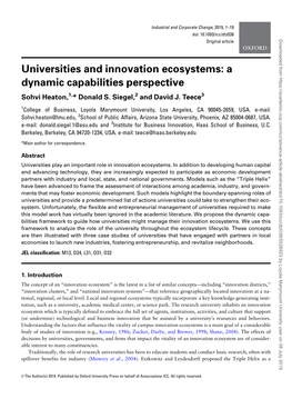 Universities and Innovation Ecosystems: a Dynamic Capabilities Perspective Sohvi Heaton,1,* Donald S