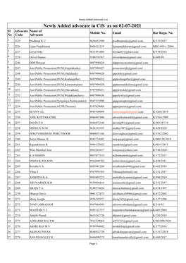 Newly Added Advocate in CIS As on 02-07-2021 Sl Advocate Name of Mobile No