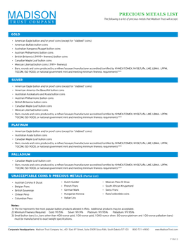 PRECIOUS METALS LIST the Following Is a List of Precious Metals That Madison Trust Will Accept