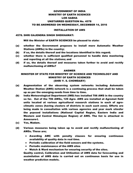 GOVERNMENT of INDIA MINISTRY of EARTH SCIENCES LOK SABHA UNSTARRED QUESTION No
