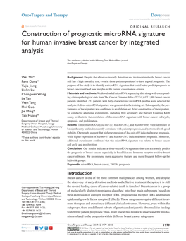 Construction of Prognostic Microrna Signature for Human Invasive Breast Cancer by Integrated Analysis