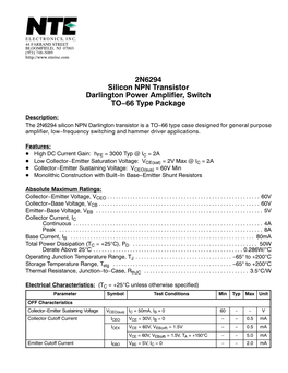 2N6294 Silicon NPN Transistor Darlington Power Amplifier, Switch TO−66 Type Package