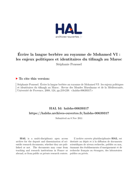 Écrire La Langue Berbère Au Royaume De Mohamed VI : Les Enjeux Politiques Et Identitaires Du Tifinagh Au Maroc