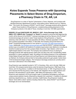 Koios Expands Texas Presence with Upcoming Placements in Select Stores of Drug Emporium, a Pharmacy Chain in TX, AR, LA