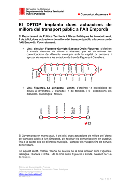 El DPTOP Implanta Dues Actuacions De Millora Del Transport Públic a L'alt