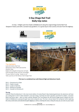 5 Day Otago Rail Trail Daily Trip Notes