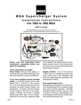 MGA Supercharger System Installation Instructions for 1955 to 1962 MGA