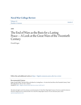 The End of Wars As the Basis for a Lasting Peace—A Look at the Great