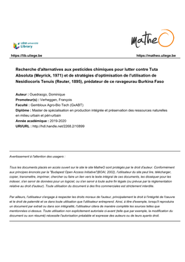 Recherche D'alternatives Aux Pesticides Chimiques Pour Lutter Contre Tuta Absoluta